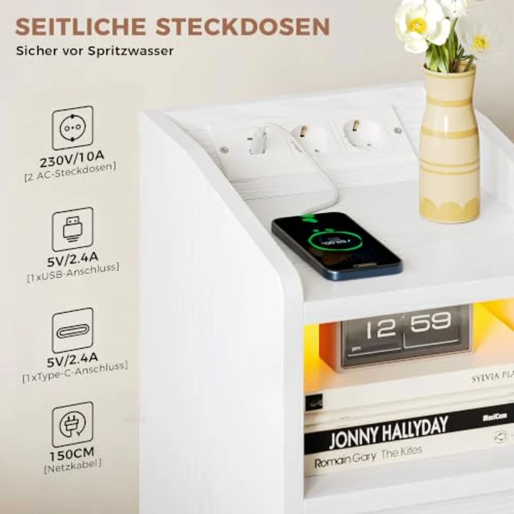 IRONCK Nachttisch Schmal (2, Weiß) | Bedside Table mit Offenem Fach für Schmale Räume Schlafzimmer, Wohnzimmer, 2 Schubladen,2 AC-Steckdosen,USB+Typ-C Anschlusse – Bild 7