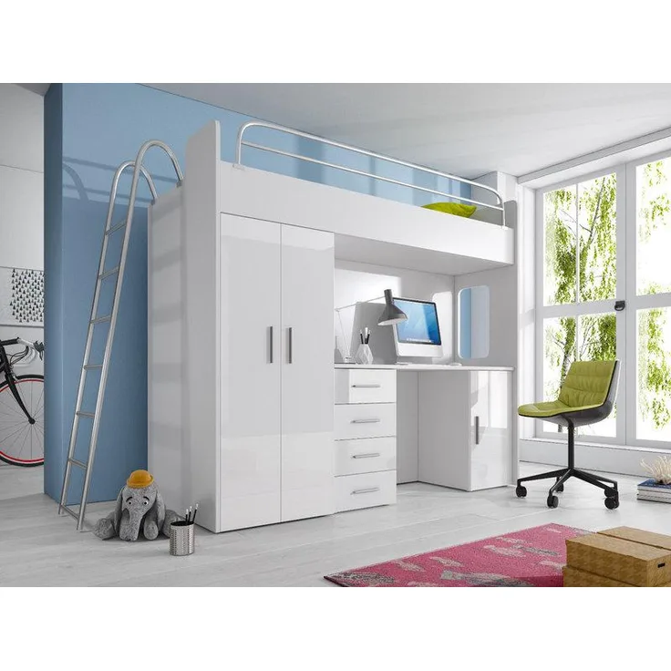 DOPPELSTOCKBETT Weiß STOCKBETT KINDERZIMMER BETT ETAGENBETT MIT SCHREIBTISCH