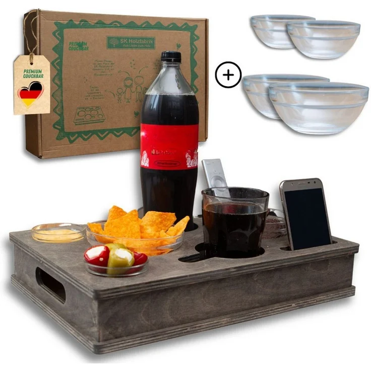 PEGSEN Servierplatte All in One Couchbar Sofatablett mit 4 Snackschalen, Birkenholz, (Set, 5-tlg, abnehmbarer Deckel, mit 4 lebensmittelechten Glasschalen), passend für Kaffeetassen, Weingläser, 0,5L Bierflaschen – Bild 1