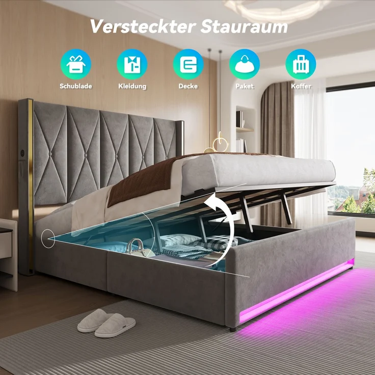 LVHOM Polsterbett mit Stauraum, Doppelbett mit LED, USB-Anschlüsse und Seitentaschen, Funktionbett, 180x200 cm, Grau – Bild 4