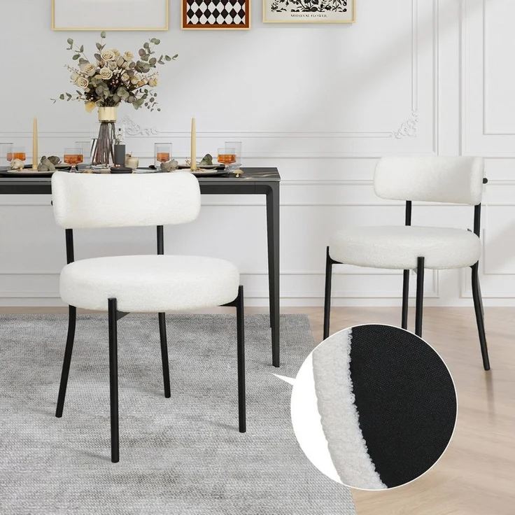 Puluomis Esszimmerstuhl (2/ 4/6er Set Bouclé mit Rückenlehnen, Polsterstühle Küchenstühle mit Metallbeinen, für Esszimmer Küche Wohnzimmer Schlafzimmer, Modern Retro Design, 8 St), Weiß, Schwarz – Bild 3
