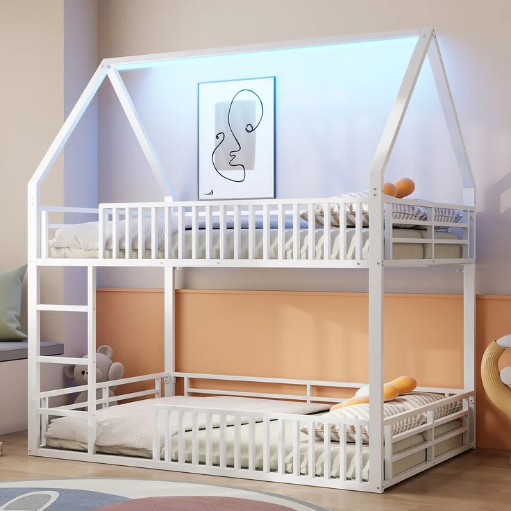 U-life Haus-Etagenbett 140x200 cm mit Sicherheitszaun, LED-Beleuchtung und 2 Lattenrosten, Weiß – Bild 1