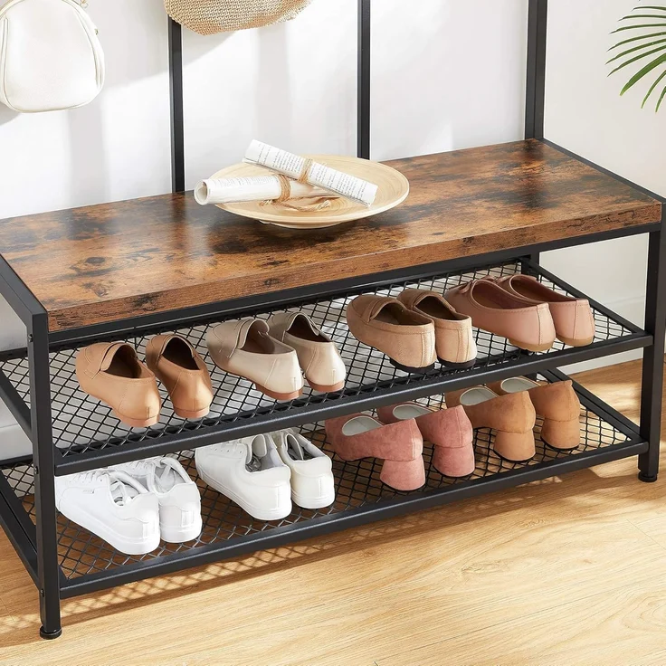 Vasagle große Garderobenständer mit Sitzbank im Industrie Design, Garderobe mit 12 Kleiderhaken und Schuhregal, Flurregal, Flur, Diele, Schlafzimmer, stabiles Eisengestell, 100kg, von Songmics, HSR86BX – Bild 7