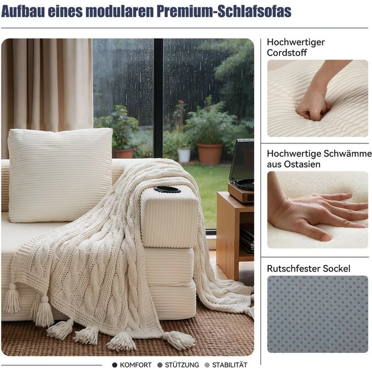 oyajia Schlafsofa Sofa mit Schlaffunktion aus Cord, umwandelbar zum Schlafsofa/-Sessel, Beige, Cordsofa 150 cm breit, 2 Sitzer, kein Aufbau erforderlich, vakuumiert, Boneless Couch, Klappsofabett für Wohn/Arbeits/Schlafzimmer – Bild 4
