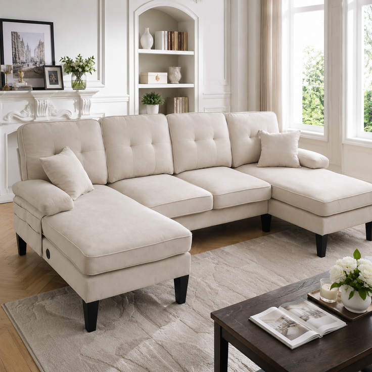 U-förmiges 4-Sitzer-Stoffsofa 250 cm mit 2 Chaiselongues, USB-C, Seitentaschen und Kissen, gepolsterte Wohnlandschaft, Beige