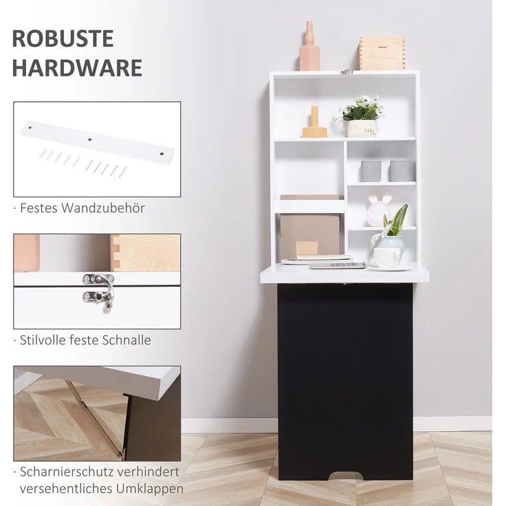Wandtisch Klappschreibtisch mit 5 Fächern, Tafel in Weiß und Schwarz, 60x94,5x147cm, platzsparend für Home Office--Schwarz--60x94x5cm--YOUDENOVA – Bild 4