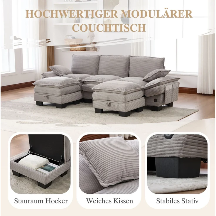 DESVIAE Sofa 3-Sitzer mit 2 Hockern, USB-C-Anschluss, Cord 260x84x132 cm Hellgrau – Bild 6