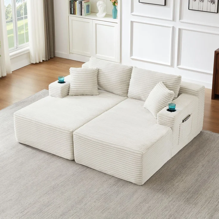 Vollständig komprimierbares, U-förmiges Modulsofa, Kombinationssofa aus breitem Cord mit Federkern-Sitzkissen, Getränkehaltern und seitlichen Stautaschen, keine Montage erforderlich, maximale Belastbarkeit 544 kg (1200 lbs) für das Wohnzimmer--Cremefar... – Bild 4
