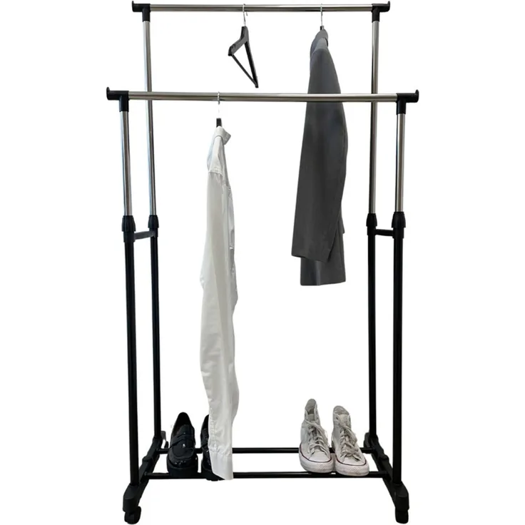Kleiderwagen 75x155x43cm 2-fach Kleiderstange Garderobenständer Stange mit Rollen neu