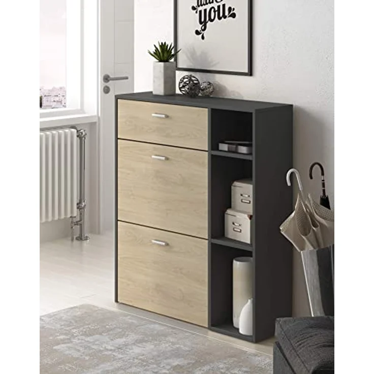 Skraut Home – Schuhschrank – 102 x 90 x 26 cm – Kapazität für 12 Paar Schuhe – 2 Flügeltüren + 1 Schublade – Windmodell – Grau/Eiche-Finish – Bild 5