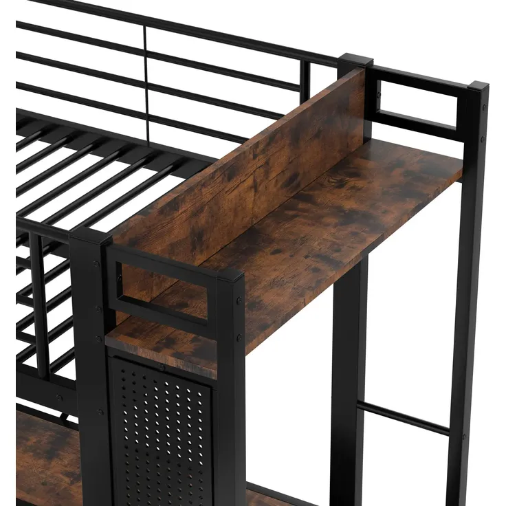 Hochbett mit Schreibtisch, LED-Beleuchtung, Schubladen, Regal, Kleiderstange und Mehrfachsteckdose, 90x200 cm, Metallbett mit Rausfallschutz, Jugendbett – Bild 4