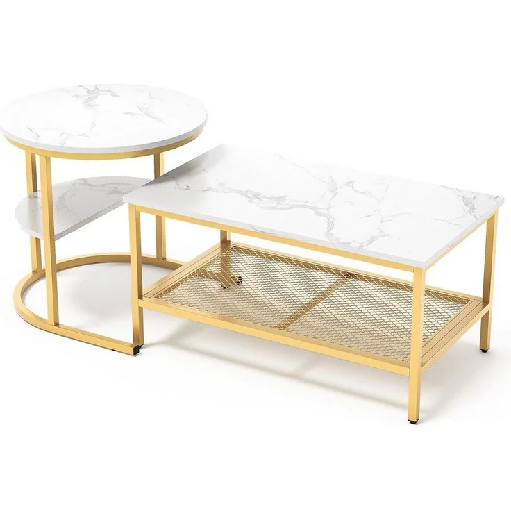 FUROKOY Couchtisch Beistelltisch Sofatisch wohnzimmertisch kaffeetisch 2er set (Runder Tisch Oval), Modern design Couchtisch mit Schwarz beinen,Marmoroptik,Schwarz + Weiß – Bild 5