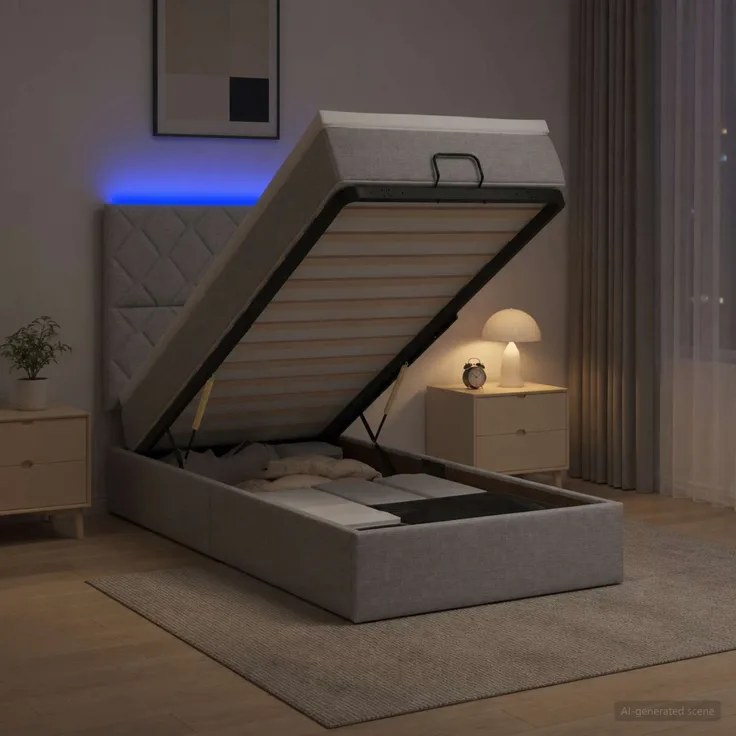 vidaXL Ottoman-Bett mit Matratze und LED Hellgrau 90 x 200 cm Stoff 3458124