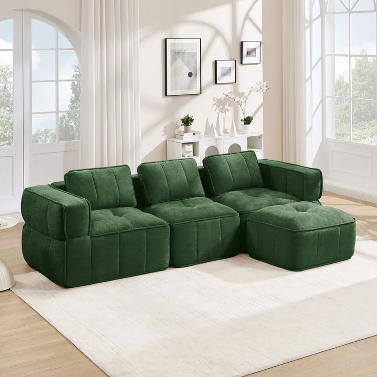 EINHOM 3-Sitzer L-förmiges rahmenloses Modulsofa mit 1 Hocker, knochenloses Design, 32D-Schaumstoff hoher Dichte, tiefes Sitzkissen, bequemer Stoff, ideal für das Wohnzimmer, Grün – Bild 3