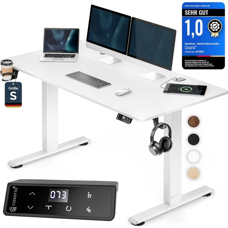 Casaria® Höhenverstellbarer Schreibtisch elektrisch 120x60 cm mit Wireless Charger & USB-C/A Anschluss LCD-Display Memory-Funktion 80 kg belastbar ergonomisch Weiß