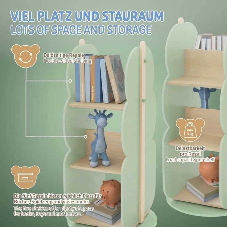 Joyz Spielzeugtruhe Kinderregal Kindermöbel Kinderzimmerregal Spielzeug Spielzimmer Möbel, Baum Bücherregal mit 5 Ablagen, 360° drehbar, MDF – Bild 6