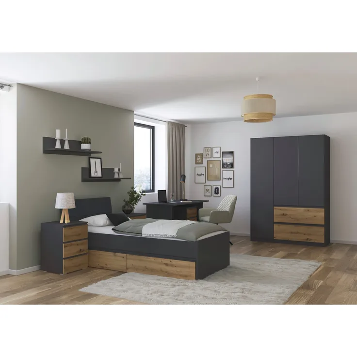 Jugendzimmer Joel 3trg Kleiderschrank in Grau Metallic und Artisan Eiche – Das perfekte Kinder- und Jugendzimmer von Rauch Möbel, Made in Germany - in verschiedenen Varianten wählbar - 5 teilig , Kleiderschrank 3 türig ohne Spiegel + Jugendbett 90x200c...