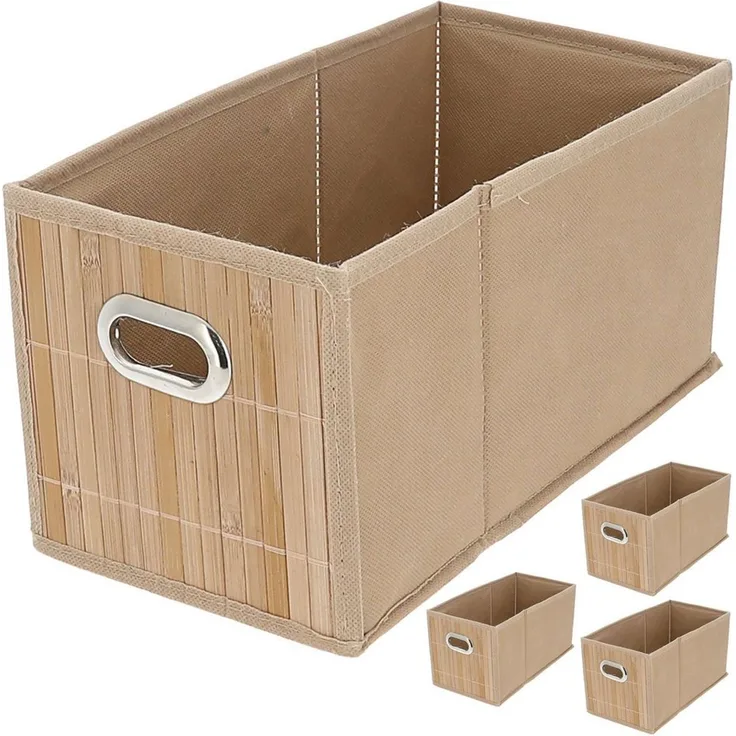 CEPEWA Allzweckkorb Aufbewahrungskorb Bambus 4er Set faltbar 31x31x31cm Metall Grifflöcher