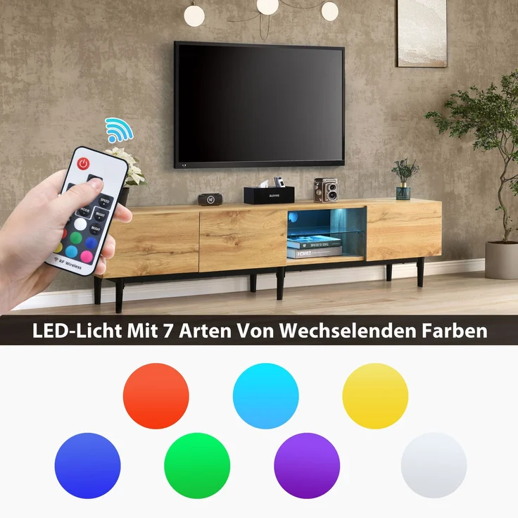 Moderner TV-Schrank aus MDF mit Holzmaserung, 175 x 31 x 41 cm, variable LED-Leuchten in 7 Farben, 175x31x41cm, Helle Eiche – Bild 8