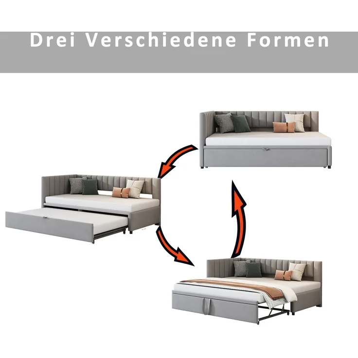 Merax Multifunktionales L-förmiges Schlafsofa mit Ausziehbett 90/180*200cm, Polsterbett in Samtstoff, platzsparendes Design für Kinderbett, Gästebett, hellgrau – Bild 5