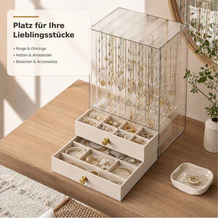 Luckice Make-Up Organizer Großer Schmuckkasten mit Glasfenster für Damen, Set, Transparentes Material, Praktisches aufgeteiltes Innenlayout – Bild 3