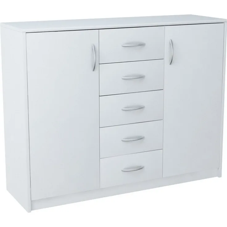 Home Collective Kommode mit 5 Schubladen und 2 Türen in matter Ausführung, Kommode 110cm breit (mit hochwertigen Polymergriffen, aus laminierter Platte gefertigt, Metallrollen mit Auszugsstopp), Holz Schrank Sideboard Highboard Kommode mit Schubladen Weiß