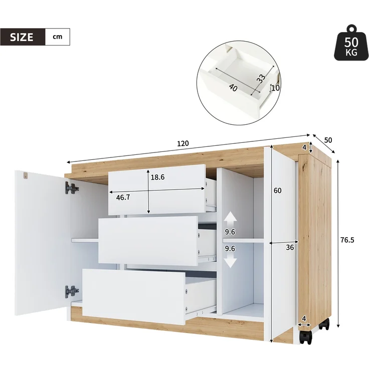 Schreibtisch 120 × 50 × 76,5 cm, drehbar und klappbar, 3 Schubladen, 2 Türen, 2 feststellbare Rollen, 4 cm starke Platte, Spanplatte, Weiß/Eiche – Bild 3