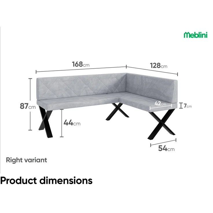 MEBLINI Eckbank für Esszimmer - Küchenbank - Essecke - Sitzecke Küche - ERIC - X-Beine 128x168x87cm Rechts - Hellgrau Samt – Bild 7