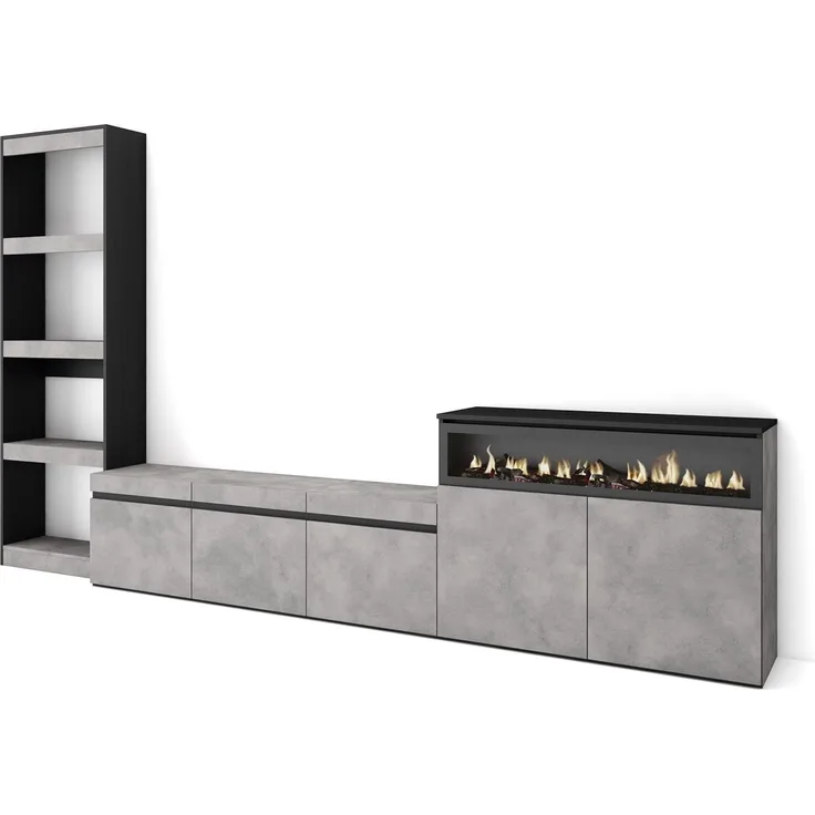 Skraut Home | Wohnwand Wohnzimmer | Wohnzimmermöbel, Möbelset | 310 x 186 x 35 cm | Für TV-Geräte bis zu 65" | Elektrokamin. | Moderner Stil | Zement