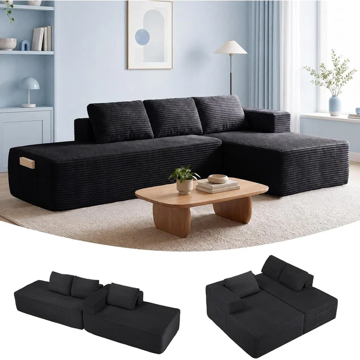 COMHOMA Ecksofa mit Schlaffunktion, 255cm Corduroy Modulares Boneless Couch mit Chaiselongue & Rücken-Metallgestell, L-Form Schlafsofa mit offenem Design, Kissen & Seitentaschen,für Wohnzimmer,Schwarz-L – Bild 3