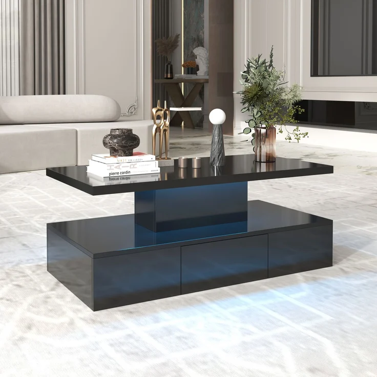 Merax Couchtisch, Tisch mit Schubladen, Hochglanzlackierung, Beistelltisch mit zwei Ablageebenen. Mit LED-Licht, Schwarz – Bild 10