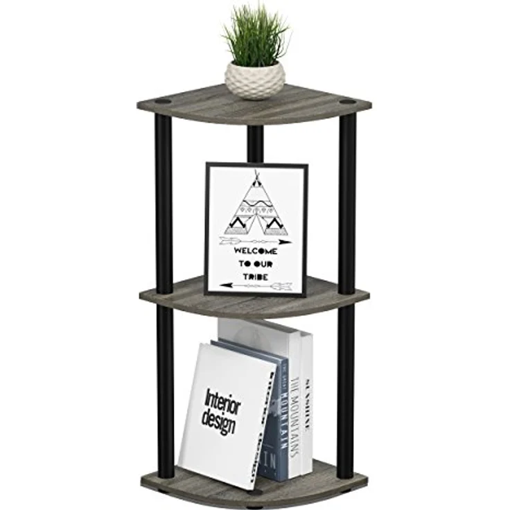 Furinno kompaktes Eck-Mehrzweck-Regal mit 3 Ebenen, holz, Französische Eiche Grau/Schwarz, 29. 46x29. 46x75. 18 cm – Bild 2