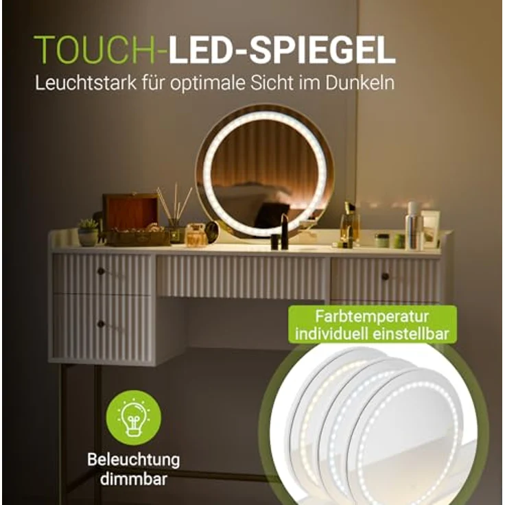 Juskys Schminktisch Samira & Hocker Melly mit Touch-LED-Spiegel, 5 Schubladen, viel Stauraum & elegantes Design für Schlafzimmer & Make-up – Weiß/Gold – Bild 4