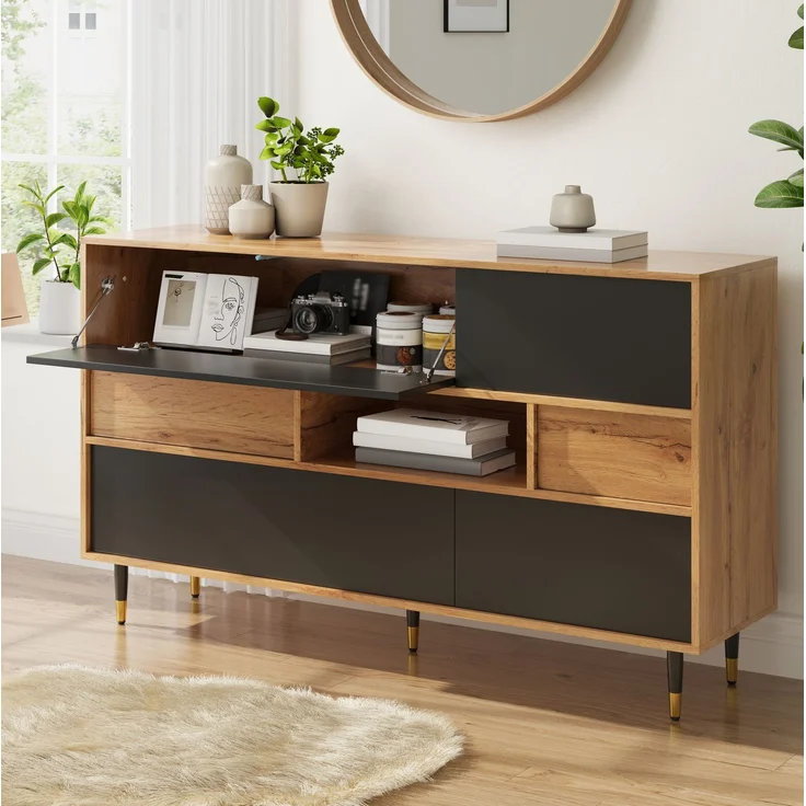 DESVIAE Sideboard Natur/Schwarz aus MDF/Spanplatte – 140x84,5x40 cm – 2 Schubladen, Klappfronten – Bild 1