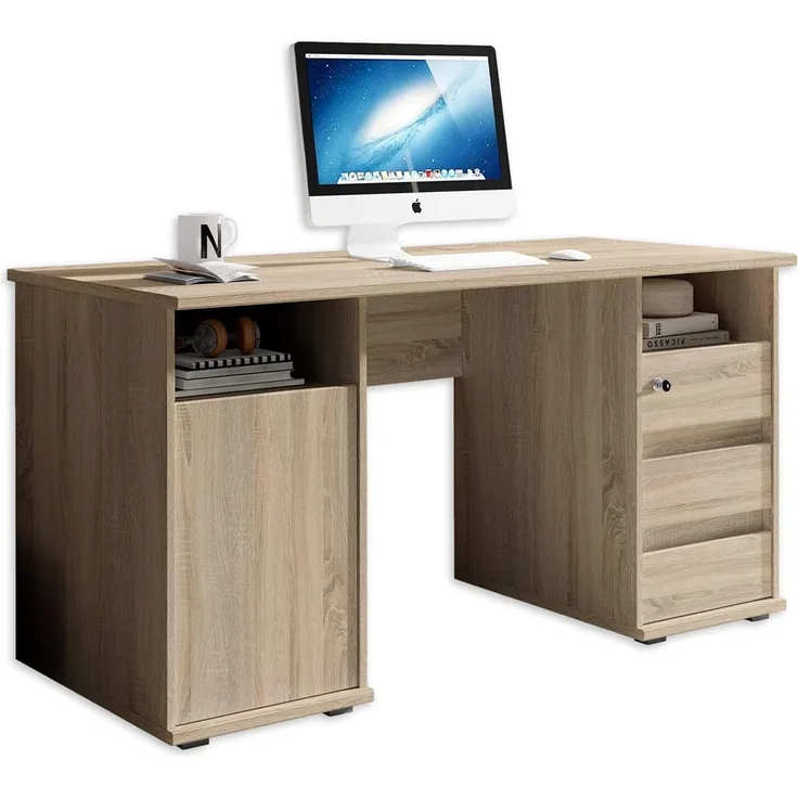 PRIMUS 2 Schreibtisch mit Schubladen, Sonoma Eiche Optik - Bürotisch Computertisch fürs Homeoffice mit Stauraum und offenen Ablagefächern - 145 x 74 x 65 cm (B/H/T)