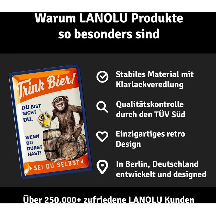 LANOLU Blechschild Trink Bier Affe - 20x30cm – Metall – Mehrfarbig – 20160 – Bild 4