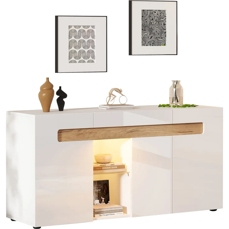 ZUBALIYA Sideboard 140x40x70 cm, mit LED-Beleuchtung, mit App-Steuerung, Hochglanz, aus Spanplatte, Weiß / Natur – Bild 12