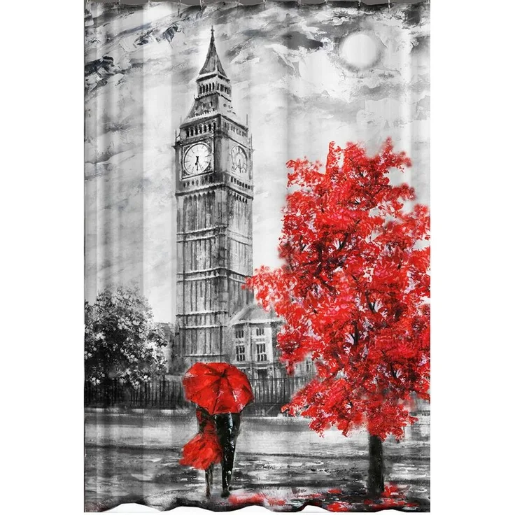 Ekershop Duschvorhang Textil Digitaldruck LONDON BIG BEN Rot Schwarz für Duschstange Breite 120 cm (Inkl. Ringe), Höhe 200 cm, wasserabweisend, waschbar, bügelbar