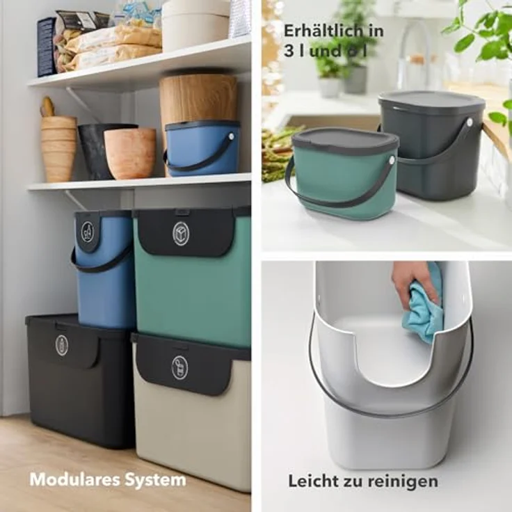 ROTHO Biomülleimer Albula 2er-Set Komposteimer 6l – kompakte Müllbehälter ideal für Küche, Stapelbar, mit Griff & Deckel – 6 l Recycling-Set für jeden Raum – Bild 8