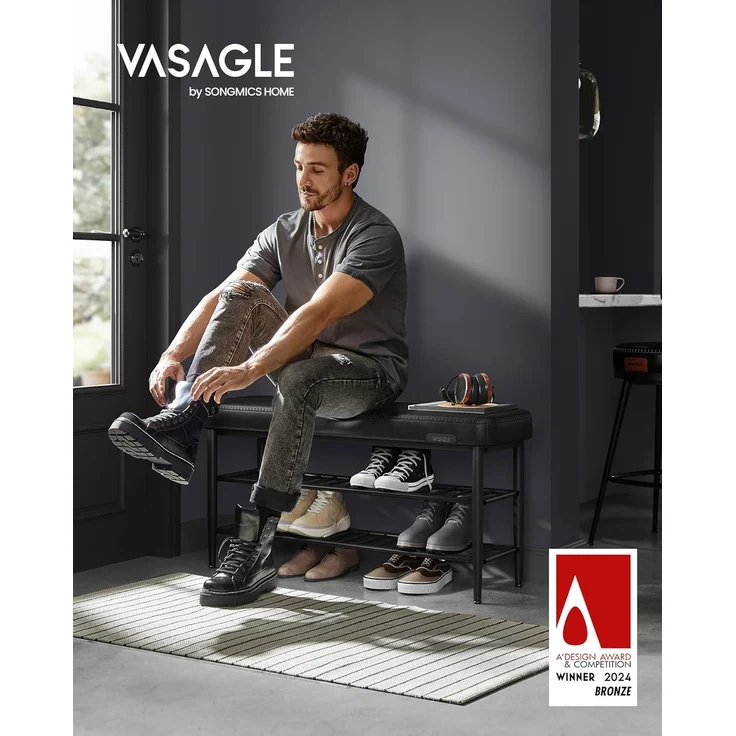 VASAGLE EKHO Kollektion - Schuhbank, Sitzbank, Sitztruhe, Eingangsbereich, Kunstleder, Nähte, Mid-Century-Modern-Stil, modern, bis 135 kg belastbar, 30 x 100 x 50 cm, tintenschwarz LSB113B01 – Bild 4