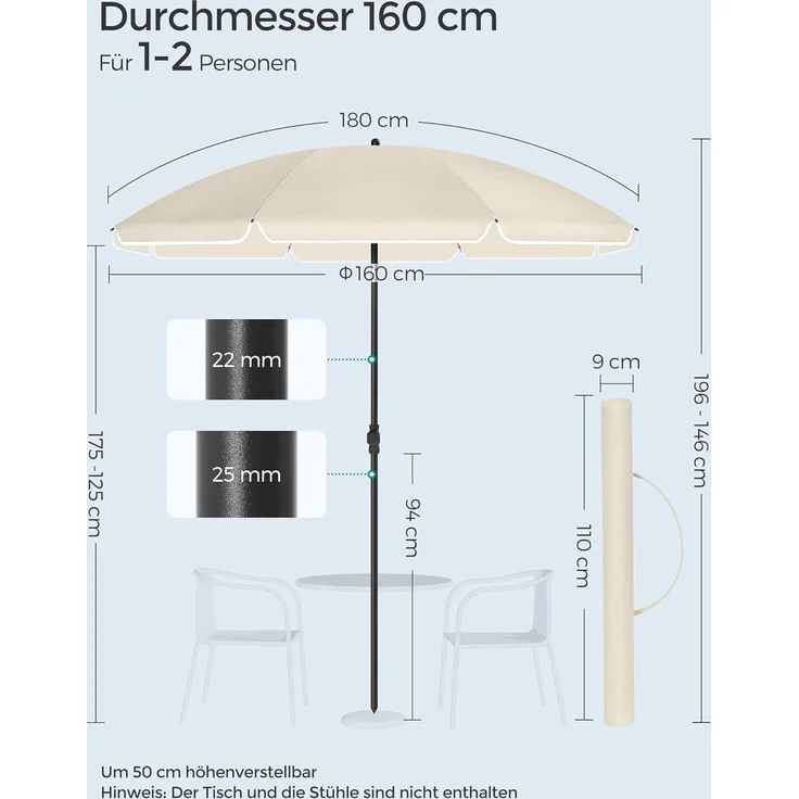SONGMICS Sonnenschirm 160 cm, Sonnenschutz, UPF 50+, Strandschirm, beidseitig um 30° knickbar, höhenverstellbar, mit Tragetasche, für Balkon, Garten, Terrasse, Strand, ohne Ständer, beige GPU60WTV1 – Bild 7