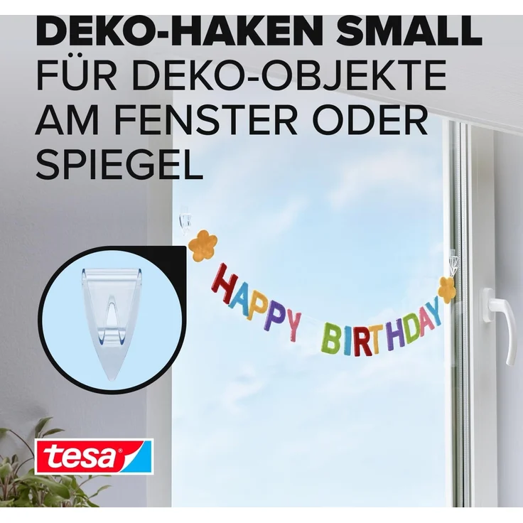 tesa Klebehaken POWERSTRIPS Doppelseitige Klebestreifen mit Bilderhaken, für Deko an Glas und Spiegel, (Spar-Set, 15-St, 3 x 5 tesa Powerstrips® Deko Haken), Transparente Klebepads - 3er Pack á 5 Dekohaken - je max. 200 g – Bild 2