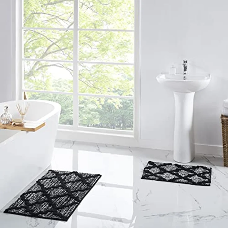 Penguin Home® Mikrofaser-Plüsch-Badematte,2er-Set,Vierpass-Design,schwarze Farbe,Rechtecke,saugfähiger,waschbarer Toilettenvorleger,2-teiliges rutschfeste Latex-Rückseite,Größe 40x60 cm und 50x80 cm – Bild 8