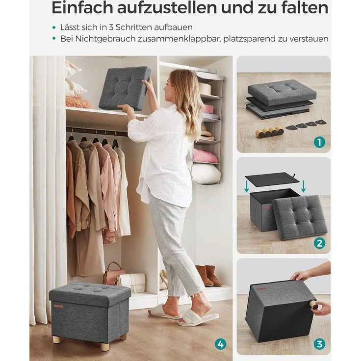 Songmics Sitzbank mit Stauraum, Schuhbank, klappbare Sitztruhe, Aufbewahrungsbox, Fußbank, 32 x 40 x 33,5 cm, für Wohnzimmer, Schlafzimmer, dunkelgrau LSF012G11 – Bild 7