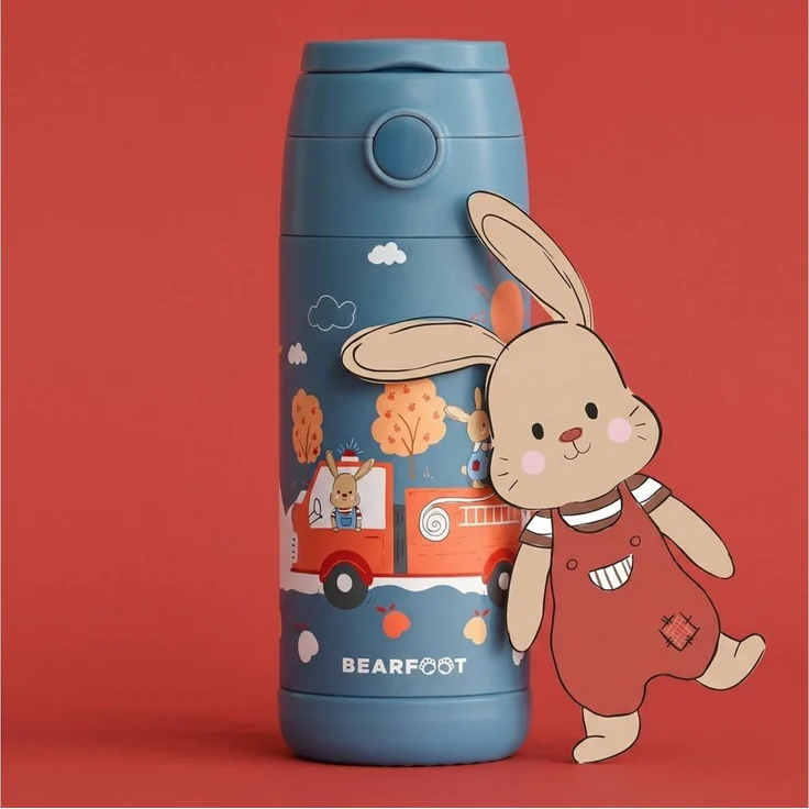 BEARFOOT Trinkflasche Thermo Kinder Trinkflasche Edelstahl - Feuerwehr Hase blau, Thermosflasche, auslaufsicher, Edelstahl, Kinderflasche, BPA-frei – Bild 2