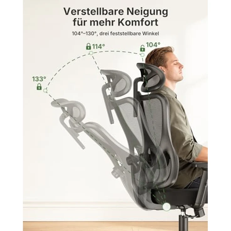 Marsail Bürostuhl Ergonomisch, Bürostuhl mit Verstellbarer gepolsterter Lendenwirbelstütze, 2D-Kopfstütze und Armlehnen, konturiertem Sitzkissen, 104°–130° arretierbarem Wippmechanismus,6pcs – Bild 5