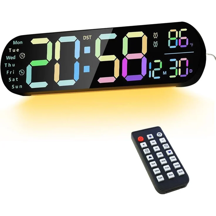 Luckice Wanduhr Digital-Wanduhr mit Fernbedienung, Timer & RGB-Nachtlicht (Automatische Helligkeitsanpassung, Dual-Alarm, moderne Wanduhr) – Bild 1
