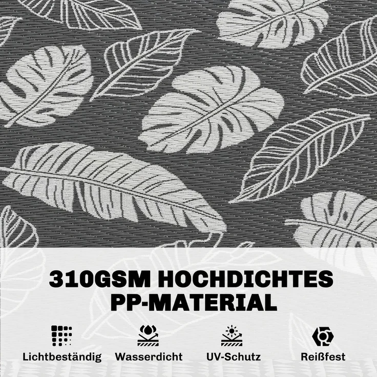 MELAYR, Outdoor Wendeteppich, wasserfest, Blattmuster, 182x274cm, Grau/Weiß – Bild 6