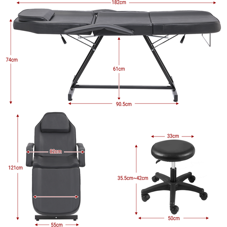 HOME NATURE WOHNKONZEPT Kosmetikliege mit Rollhocker, klappbare 3-Zonen Massageliege für Beauty, Spa, Tattoo & Salon, 182 x 81 x 74 cm, Schwarz – Bild 2