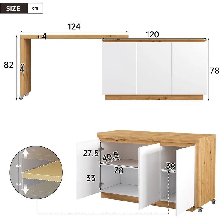 Schreibtisch 124x45x82 cm mit drehbarem Seitenschrank 120x45x78 cm, Weiß/Eiche – Bild 4